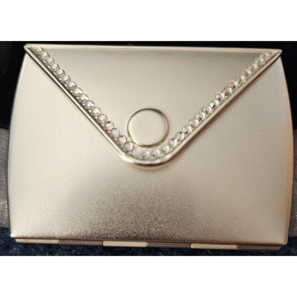 Gold Compact Mirror With Rhinestone Trim & Organza Bag For Purse Or Travel - Picture 4 of 7